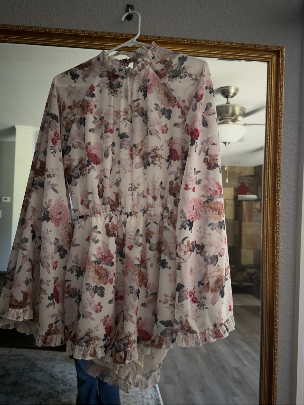 SHEIN Floral Long-Sleeve Ruffle-Hem Dress - Pink & Cream